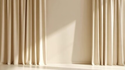 Poster - Elegant beige curtains in a modern minimalist room with sunlight, creating a soft and inviting neutral interior space for design elements