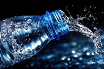 Poster - Water splashes from a bottle creating beautiful ripples in a dark environment