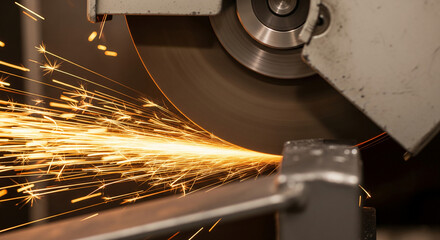 Aufkleber - Close-up of a grinding wheel cutting metal, producing bright orange sparks, showcasing industrial manufacturing process, representing energy, precision and hard work