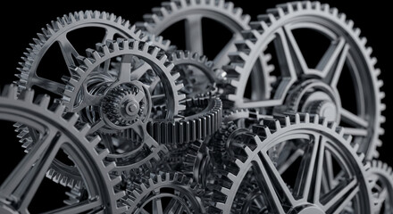 Poster - Close-up of interlocking metal gears, showcasing intricate design and precision engineering, symbolizing complex systems, teamwork, and industrial processes