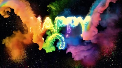 Wall Mural - Text Happy Holi in glowing rainbow colors with color powder effects over dark space.