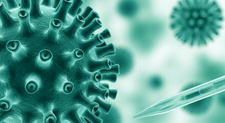 Poster - Close-up of teal virus cell, detailed texture, microscopic view, scientific research concept, medical illustration, healthcare, virology