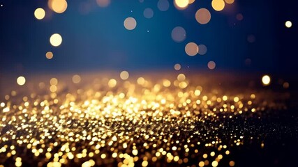 Poster - Golden bokeh light particles slowly float and flicker on a dark blue gradient backdrop creating a festive celebratory mood