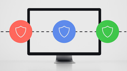 Poster - Digital Shield: Three colorful shield icons – red, blue, and green – flank a modern monitor, symbolizing the protection of data and information against potential threats.