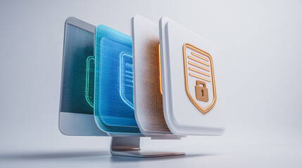 Poster - Data Protection Abstract: An innovative 3D rendering showcasing digital document security, symbolizing the safeguarding of sensitive information through robust encryption and privacy measures.