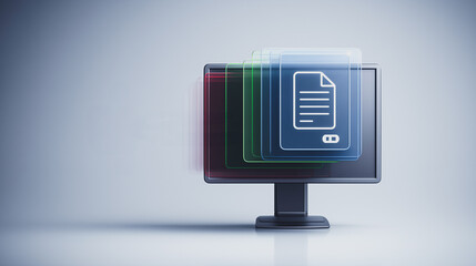 Poster - Digital Document Stack: A sleek computer monitor showcases a digital document stack, symbolizing seamless information flow, data storage, and connectivity within the modern technological landscape.