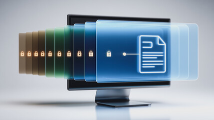 Poster - Data Security Layers: Visualize the complex world of data security with this image, showing layers of digital information protection. Featuring a computer monitor.