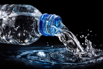 Poster - Water flowing from a bottle creating ripples in a dark setting