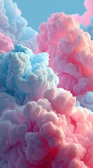 Poster - Dreamy cotton candy clouds in pastel pink and blue sky Abstract fluffy cloudscape background with soft colors Concept of fantasy, imagination, and serenity