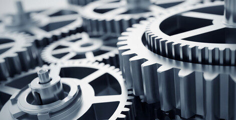 Poster - Close-up of interlocking metal gears, showcasing intricate detail and precise engineering, symbolizing complex systems, teamwork, and industrial processes