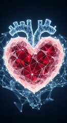 Poster - Geometric heart with vessels, low-poly style, red and blue tones, symbolizes love, health, Valentine's Day, connection