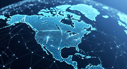 Poster - North America map digital rendering, glowing blue nodes and lines, illustrating global network connectivity and data flow, showcasing technological advancement and worldwide communication