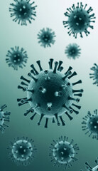 Poster - Microscopic view of teal virus particles, showcasing their spiky structure and three-dimensional form, representing a scientific or medical concept