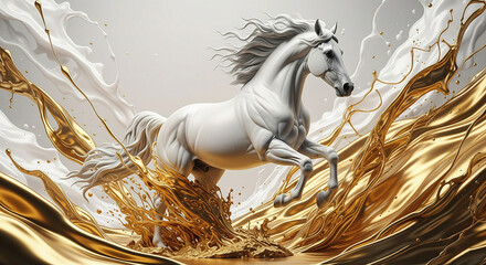 Aufkleber - White horse statue amidst gold and white liquid splashes, showcasing elegance, power, and luxury.  Symbol of freedom, grace, and prestige.  Ideal for high-end branding