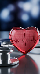 Aufkleber - Red glass heart with EKG line, beside stethoscope on reflective surface, symbolizes healthcare, cardiology, and heart health