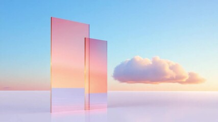 Poster - Mirrored Horizon: An artistic composition of sleek, mirrored panels reflecting the soft hues of a dreamy sky and a solitary cloud, creating a sense of ethereal beauty and serenity.