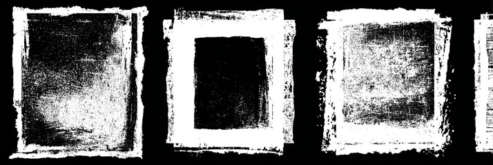 Poster - A series of distressed square frames in black and white creating a grungy abstract composition style