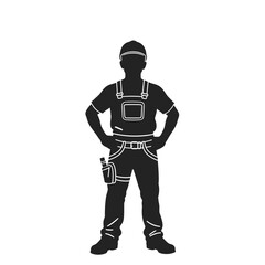 Construction worker silhouette, strong posture hands on hips, wearing work overalls and helmet.  Professional construction worker symbol, perfect for safety signage, industrial design or construction