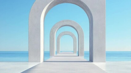 Poster - Arches of Serenity: A mesmerizing minimalist landscape featuring a series of pristine white arches gracefully receding towards a tranquil blue horizon.