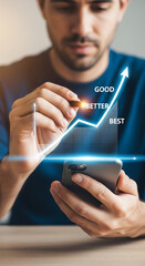 Poster - Man's hands drawing upward trending graph on phone screen, symbolizing growth, progress, and success in business