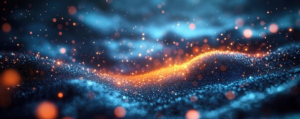 Poster - Abstract digital landscape with glowing particles and vibrant waves in blue and orange hues, creating a futuristic and dynamic visual effect.