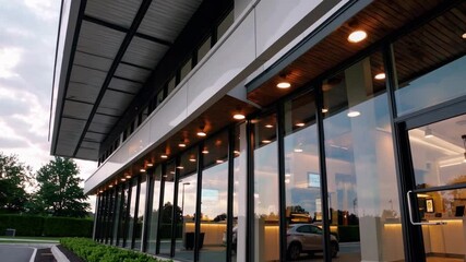 Aufkleber - Modern eco drive thru building with large glass windows, sleek architecture, warm lighting, and green landscaping sunset