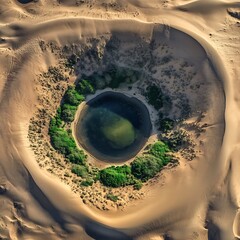 Wall Mural - An aerial view of a small oasis in the desert. The oasis is a circular area of green vegetation and water surrounded by sand dunes. .