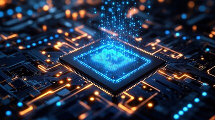 Poster - A futuristic microchip emits glowing blue data streams atop a complex circuit board with illuminated orange and blue connections.