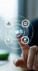 Poster - Finger interacts with a digital interface showcasing employee benefits: team success, financial security, well-being, and career development, symbolizing growth and progress