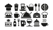 © NasimaAktar - Vector food and drink icon set in black silhouette including teapots, wine glasses, sauce bottles, covered dishes, desserts, and cupcakes – perfect for restaurant menus and kitchen visuals.