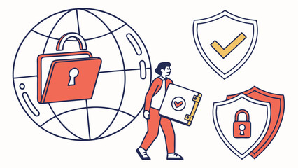 Poster - Illustration of a man carrying a secure briefcase with a globe and security shields around him