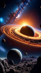 Wall Mural - Cosmic landscape view with ringed planet orbiting a bright sun, distant galaxies, and a rocky surface with floating celestial bodies
