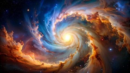Wall Mural - Vibrant cosmic swirl nebula of blue, orange, and gold gases with a bright central core and twinkling starlight