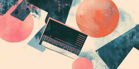 Poster - Abstract Laptop Workspace with Geometric Shapes and Textured Background for Creative Projects
