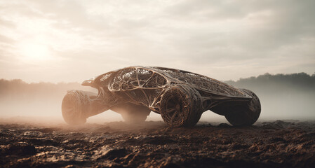 Aufkleber - A bioengineered vehicle, crafted from artificial biotissue, stands on a muddy landscape. The muscular structure hints at advanced movement capabilities as mist envelops the area during twilight.