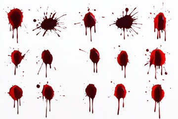 Poster - Multiple red paint splatters and drips are arranged in a grid pattern on a white background, creating a striking visual impact.