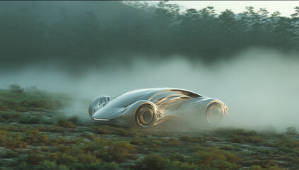 Aufkleber - A futuristic bioengineered vehicle glides gracefully over misty terrain, demonstrating advanced artificial muscular movement. The surrounding scenery features lush greenery and soft fog.