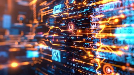 Fototapete - A digital abstract visualization of a complex data network with glowing circuits and binary code.