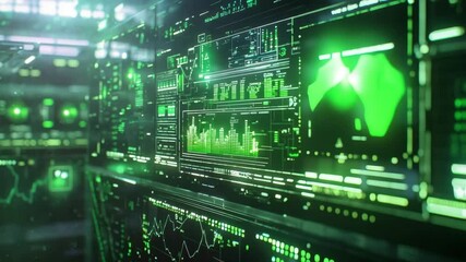 Poster - A glowing digital dashboard displays futuristic data graphs and analytics with a green and black high-tech interface.