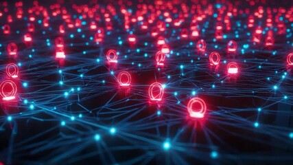 Fototapete - A glowing neural network visualization with interconnected red nodes and blue lines representing digital data flow and artificial intelligence.