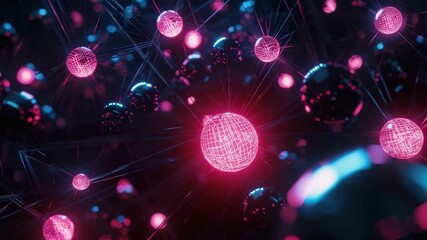 Fototapete - Glowing interconnected spheres represent a digital or neural network in a vibrant, futuristic setting.