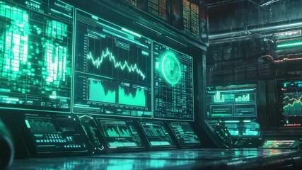 Poster - A futuristic control room filled with glowing digital screens displaying complex data graphs and analytics.