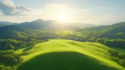 Poster - Green Mountain Landscape: A breathtaking landscape unveils rolling green hills and majestic mountains basking in the radiant glow of a bright sun, an idyllic view of the environment