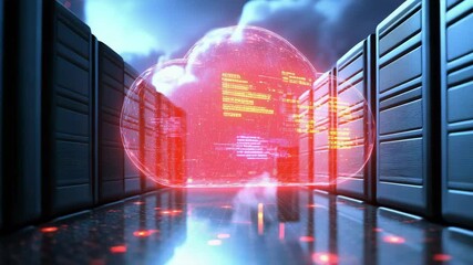 Poster - A glowing digital cloud with data streams and code floats above a futuristic cityscape, representing modern cloud computing technology.