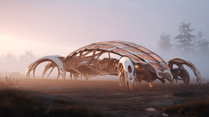 Aufkleber - A bioengineered vehicle resembling a muscular organism is showcased in a foggy environment. Its unique design incorporates biotissue elements, emphasizing artificial movement seamlessly amid nature.