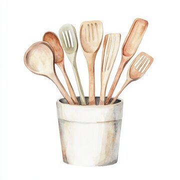 Watercolor illustration of assorted wooden kitchen utensils in a white container