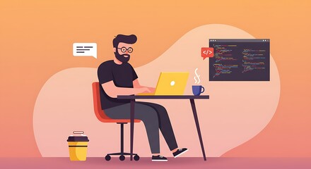 A bearded man, a software developer, is intently working on his yellow laptop, with a screen displaying code, and a coffee cup by his side.