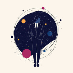 Poster - Silhouette of Businessman in Suit with Starry Sky and Colorful Planets Abstract Space Background Vector Illustration