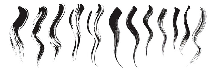 Poster - Set of sixteen black brush stroke swirls with varying thickness and textured edges, hand drawn ink calligraphy elements on white background vector illustration