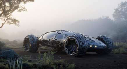 Aufkleber - A unique vehicle designed with advanced bioengineering techniques features an exterior made of artificial biotissue. It showcases capabilities for muscular movement in a misty outdoor setting.